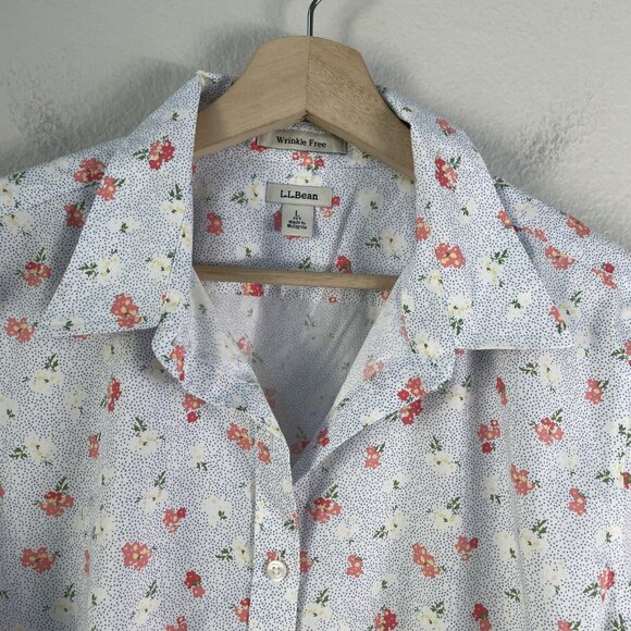 LL Bean Shirt Womens Large Petite Blue Floral Wrinkle Free Button Up 3/4 Sleeve - Picture 7 of 9